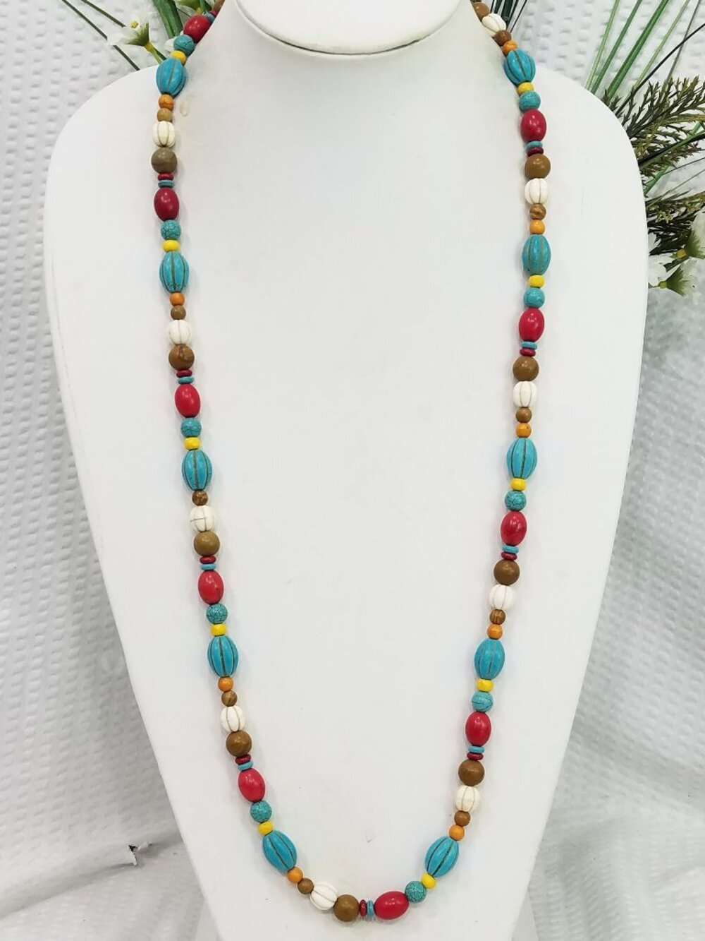 Signed Turquoise Haven Blue Turquoise & Red Multicolor Bead 40" Long Necklace